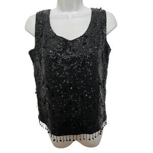 CARDELL Vintage Women's Beaded Sequin Fringe Top Blouse Black Wool Sleeveless L